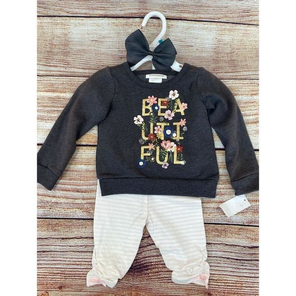 COPY - Toughskins Infant Girl 3 PC Set  Sweater Shirt Gray Leggings Hair Bow/ P… - Picture 5 of 10